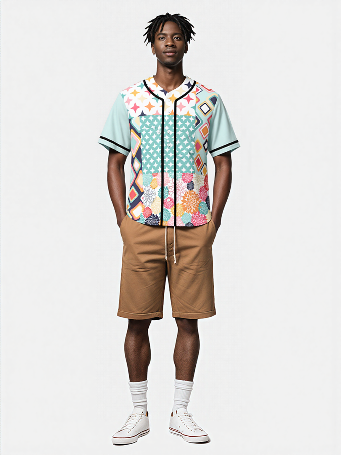 Old Miami Geo Trefoil Patchwork Eco-Poly Button Front Jersey