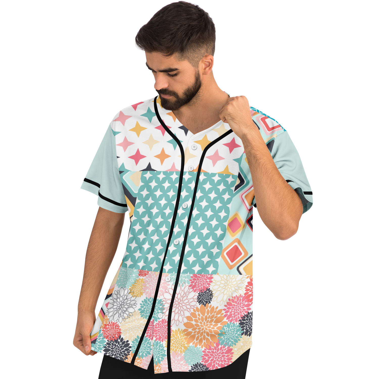 Old Miami Geo Trefoil Patchwork Eco-Poly Button Front Jersey