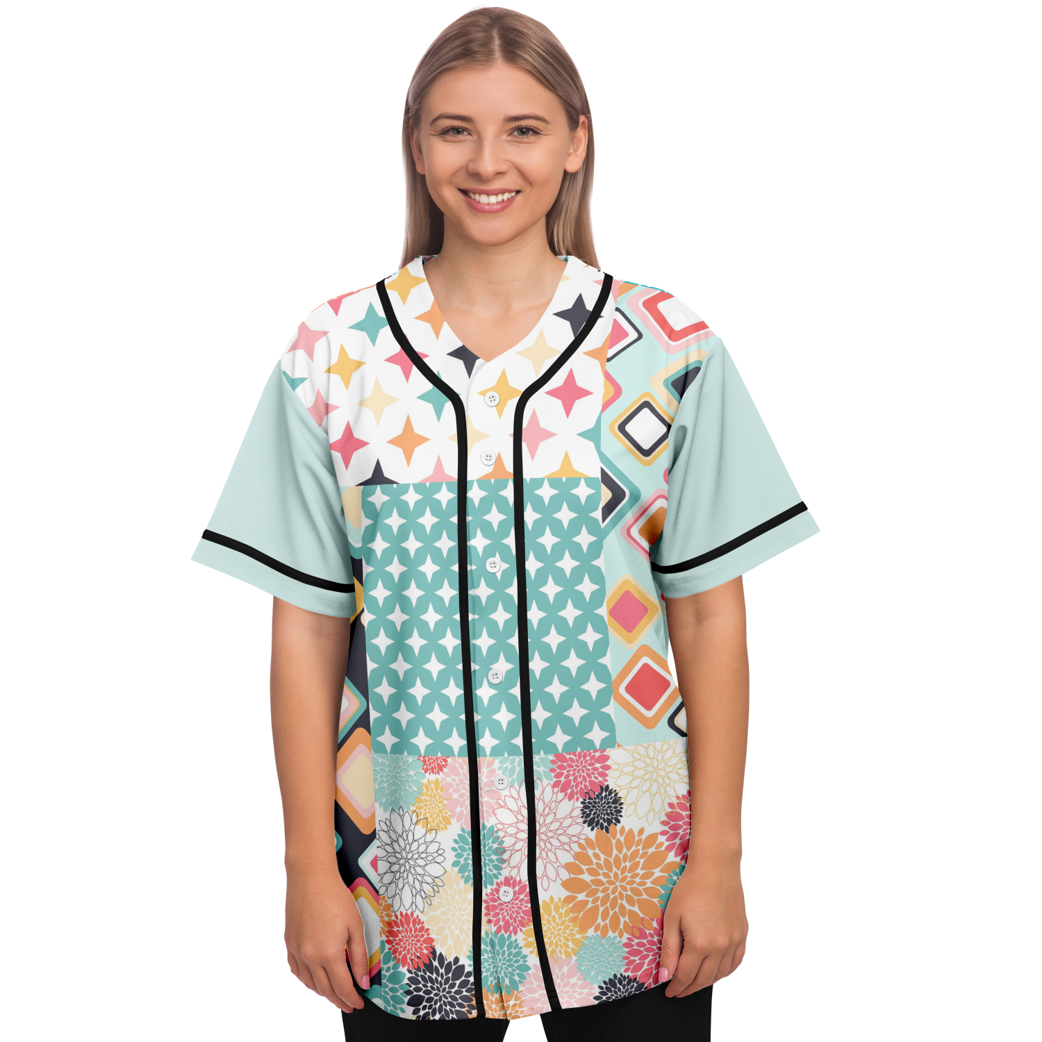 Old Miami Geo Trefoil Patchwork Eco-Poly Button Front Jersey