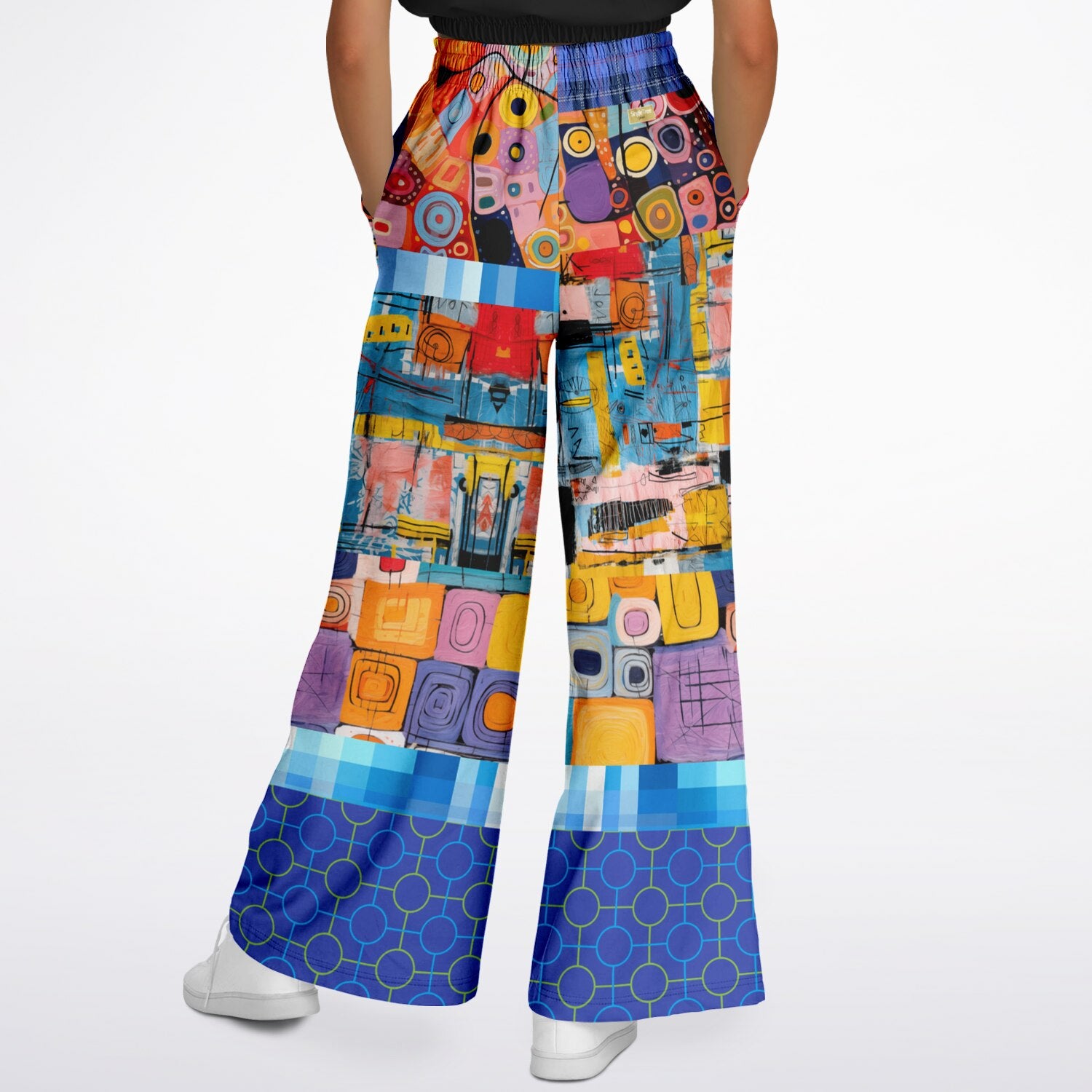 Open Window in Provence Graffiti Print Patchwork Eco-Poly Wide Leg Pants