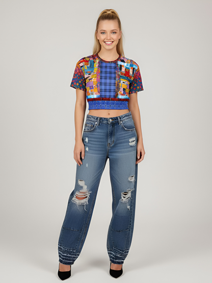 Open Window in Provence Graffiti Patchwork Eco-Poly Short Sleeve Cropped Pullover