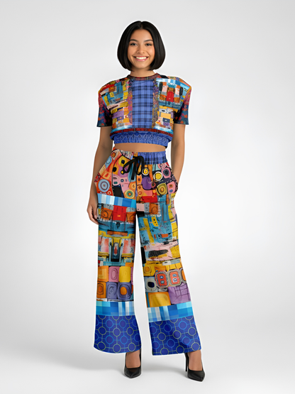 Open Window in Provence Graffiti Print Patchwork Eco-Poly Wide Leg Pants