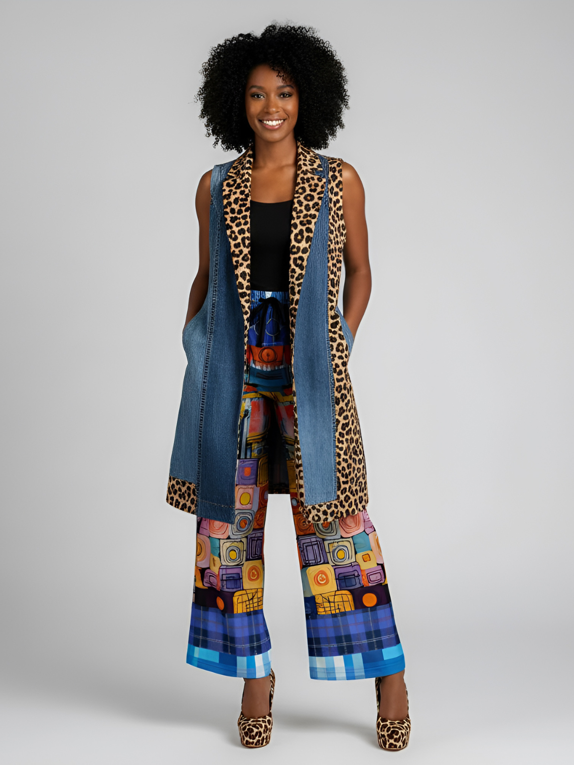 Open Window in Provence Patchwork Eco-Poly Wide Leg Pants