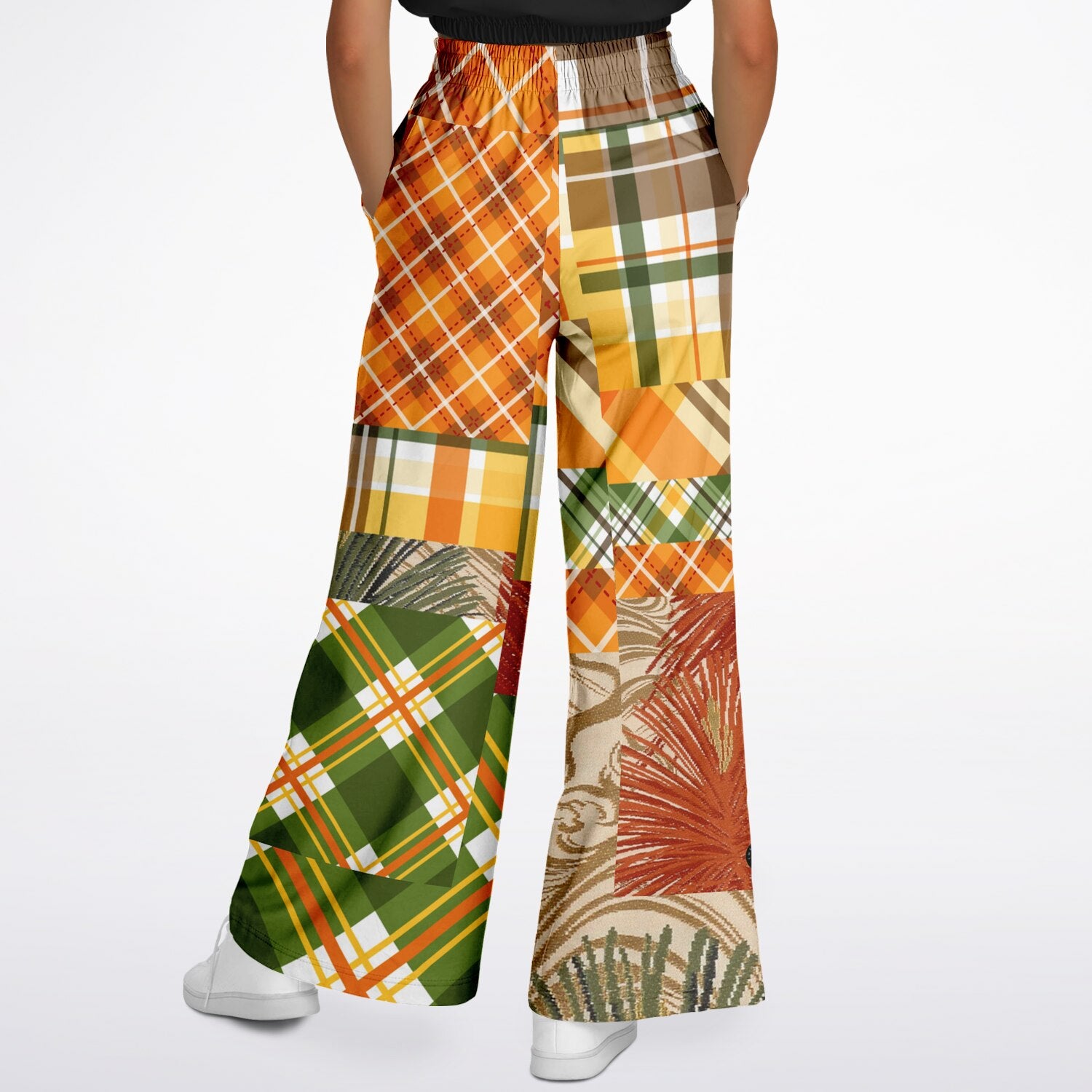 Orange Extrapolation Harvest Plaid Patchwork Eco-Poly Wide Leg Pants