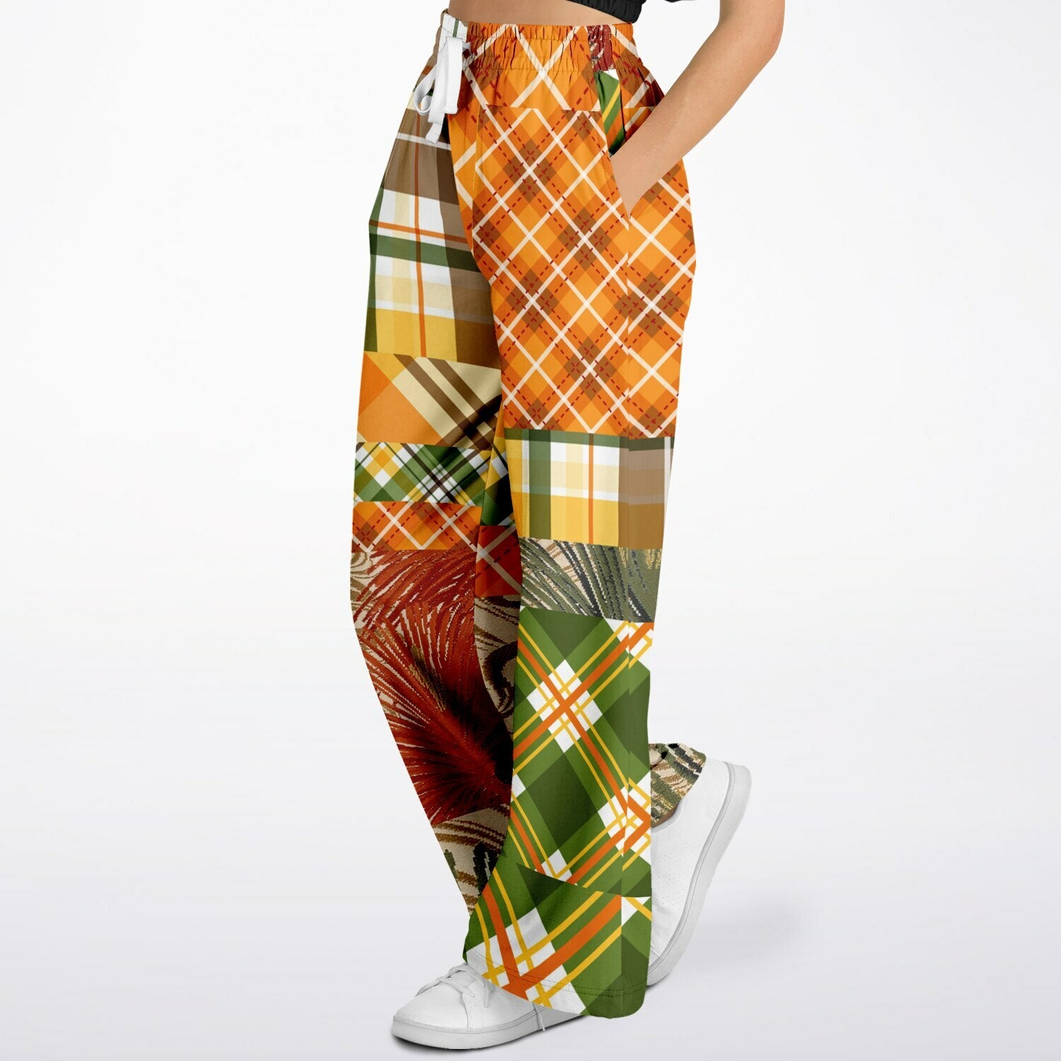 Orange Extrapolation Harvest Plaid Patchwork Eco-Poly Wide Leg Pants