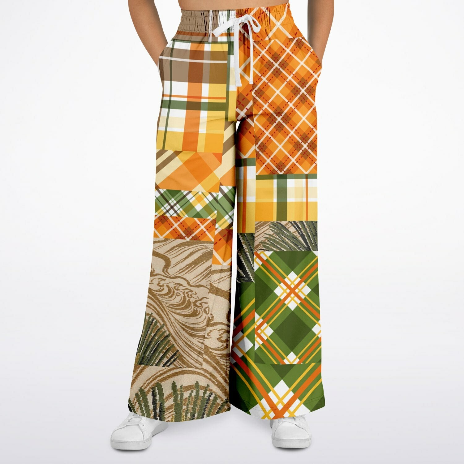 Orange Extrapolation Harvest Plaid Patchwork Eco-Poly Wide Leg Pants