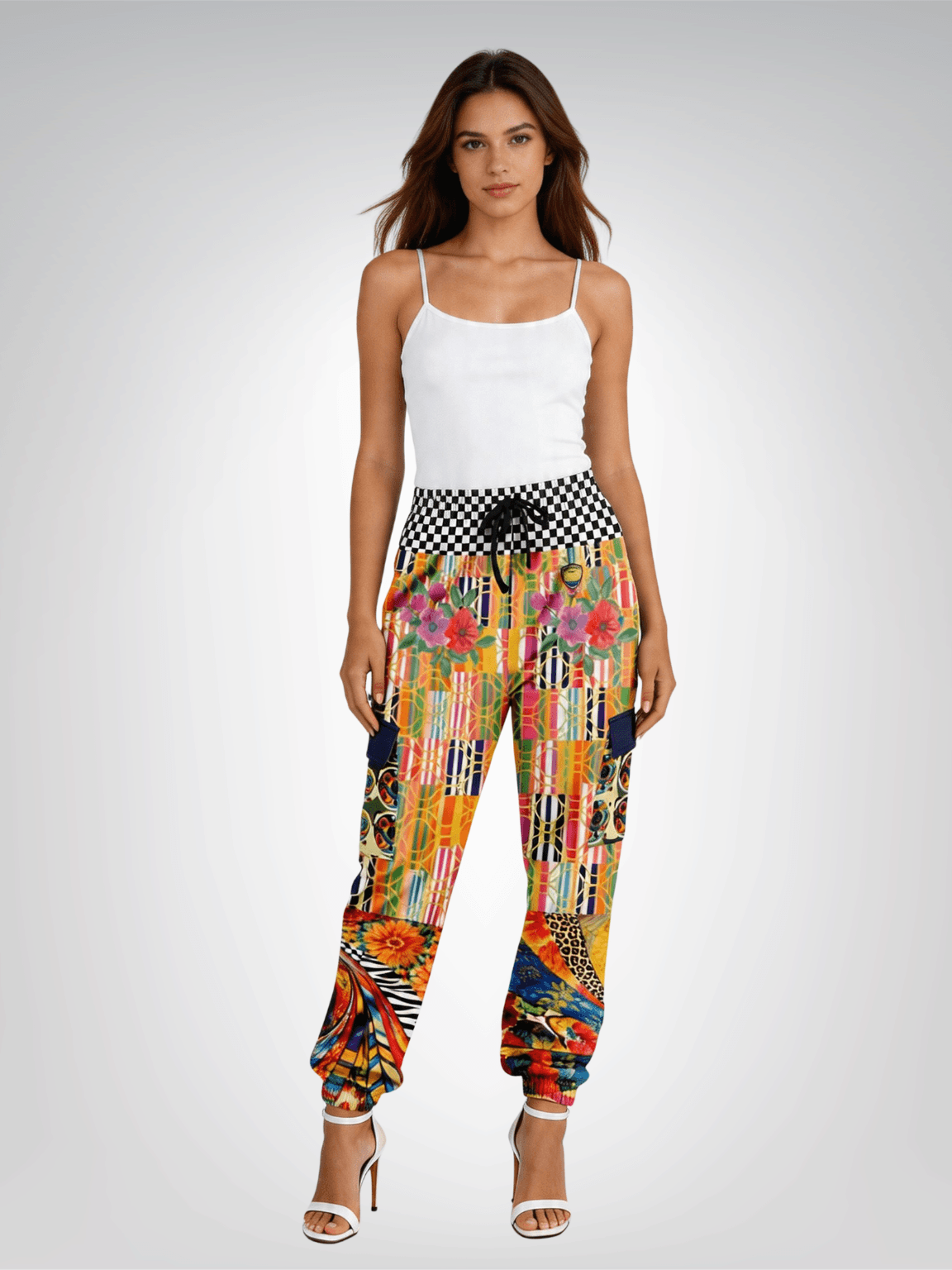 Orange Offset Stripe Floral Eco-Poly Cargo Joggers