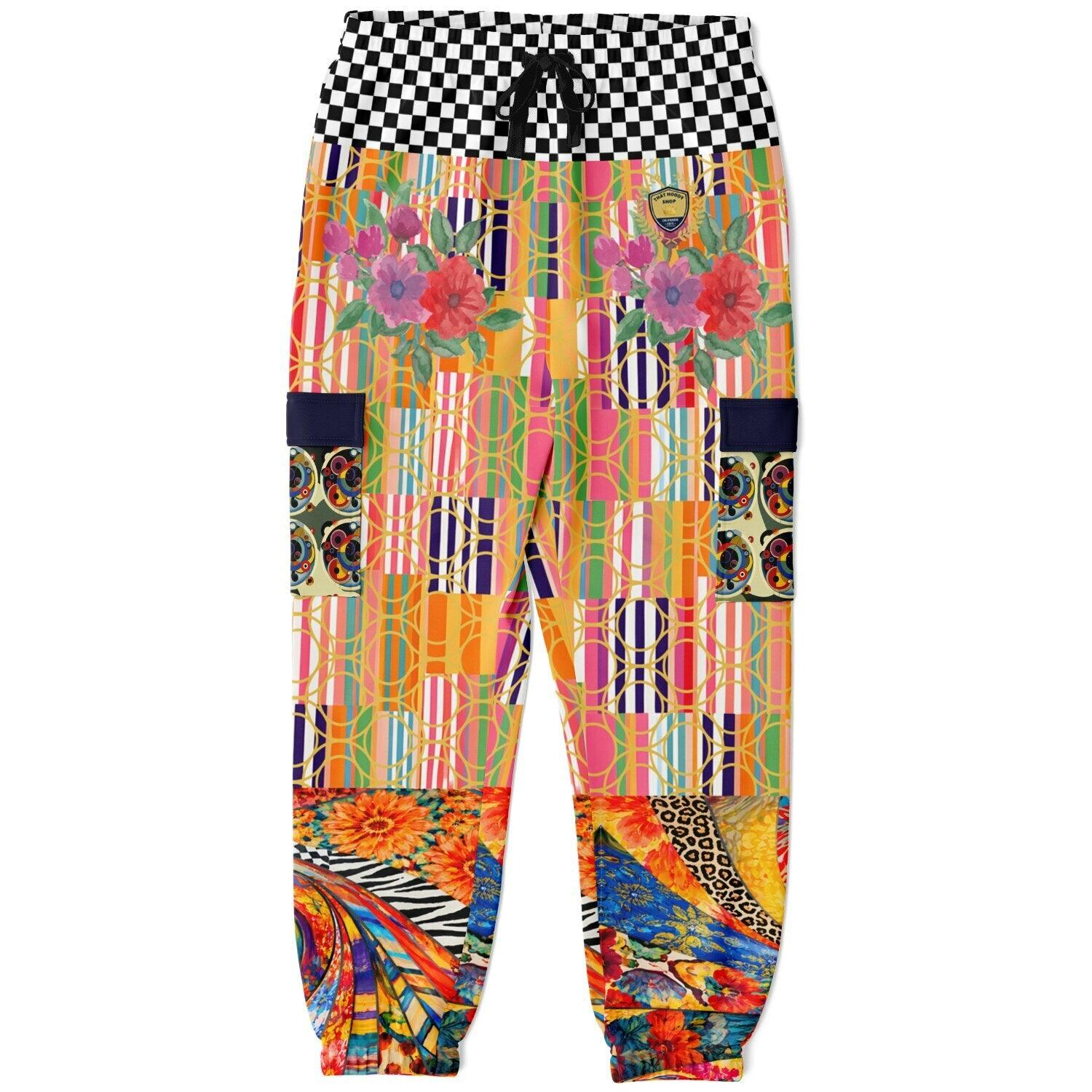 Orange Offset Stripe Floral Eco-Poly Cargo Joggers