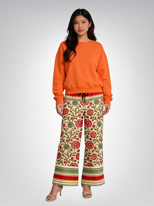 Orange Sari Bloom Floral Eco-Poly Wide Leg Pants