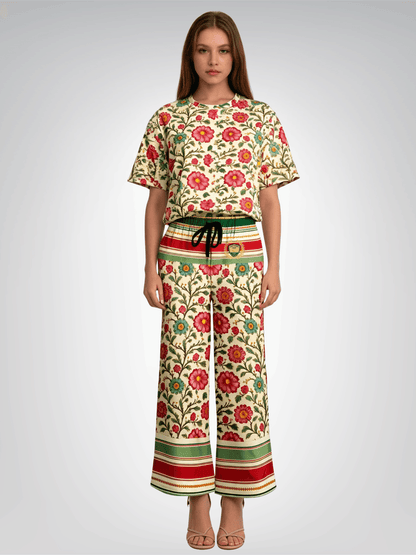 Orange Sari Bloom Floral Eco-Poly Wide Leg Pants