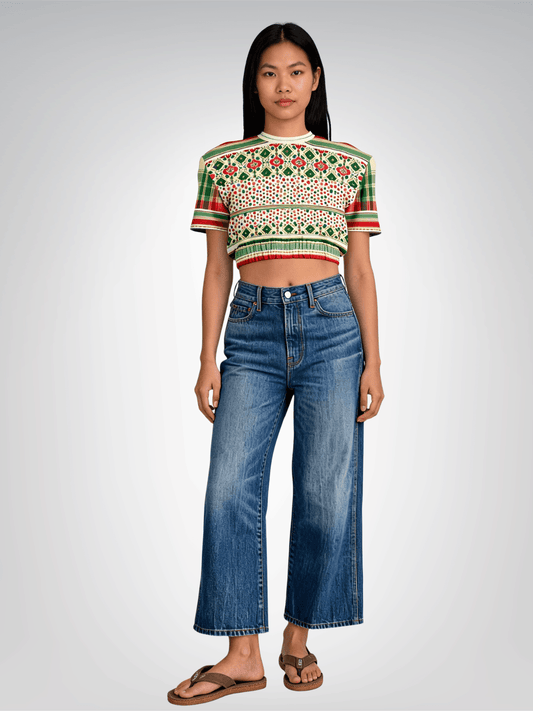 Orange Sari Bloom Floral Eco-Poly Short Sleeve Cropped Pullover