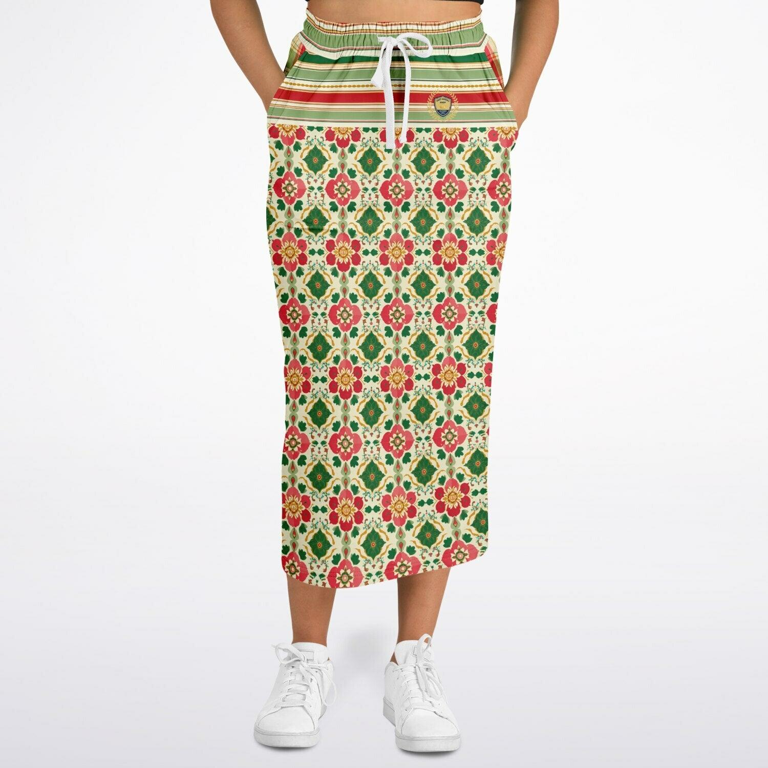 Orange Sari Bloom in Striped Splendor Eco-Poly Long Pocket Skirt