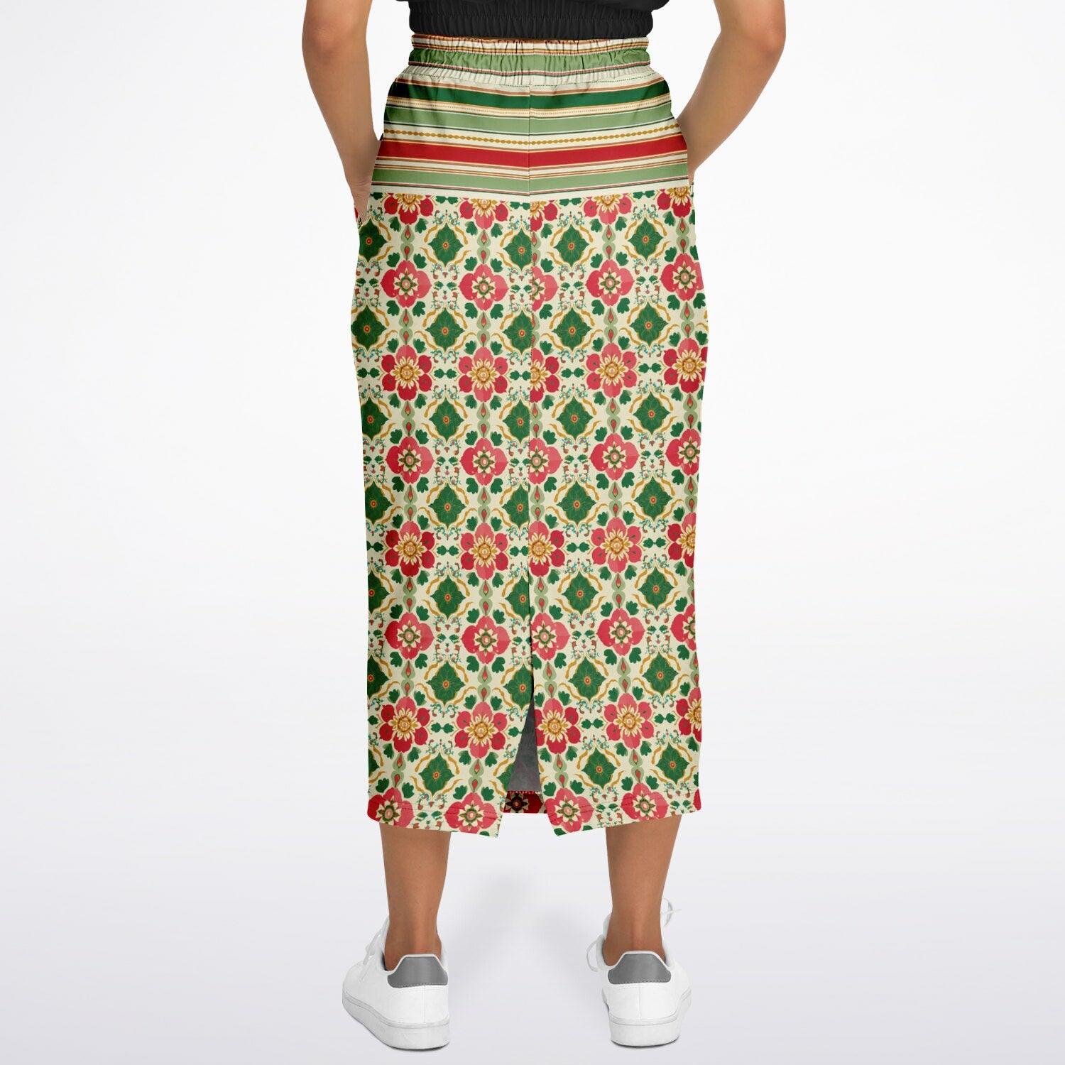 Orange Sari Bloom in Striped Splendor Eco-Poly Long Pocket Skirt