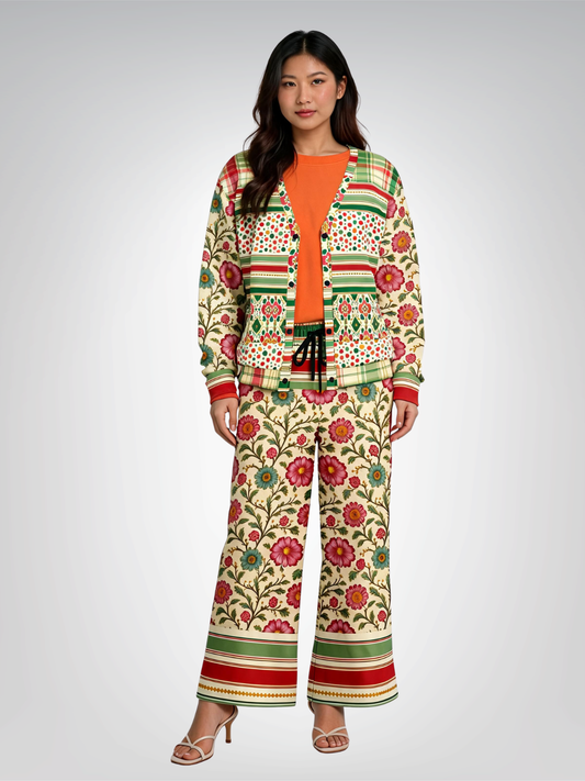 Orange Sari Bloom Floral Eco-Poly Wide Leg Pants
