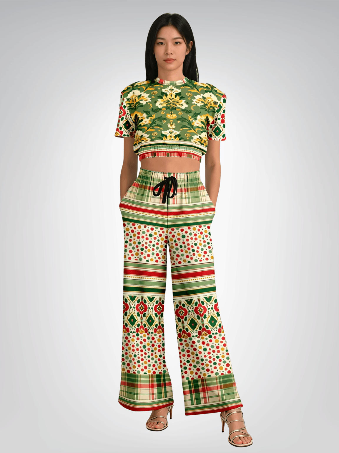 Orange Sari Bloom in Striped Splendor Eco-Poly Wide Leg Pants