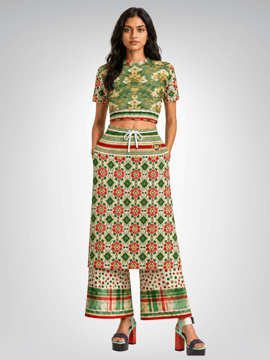 Orange Sari Bloom in Green Jaipur Eco-Poly Short Sleeve Cropped Pullover