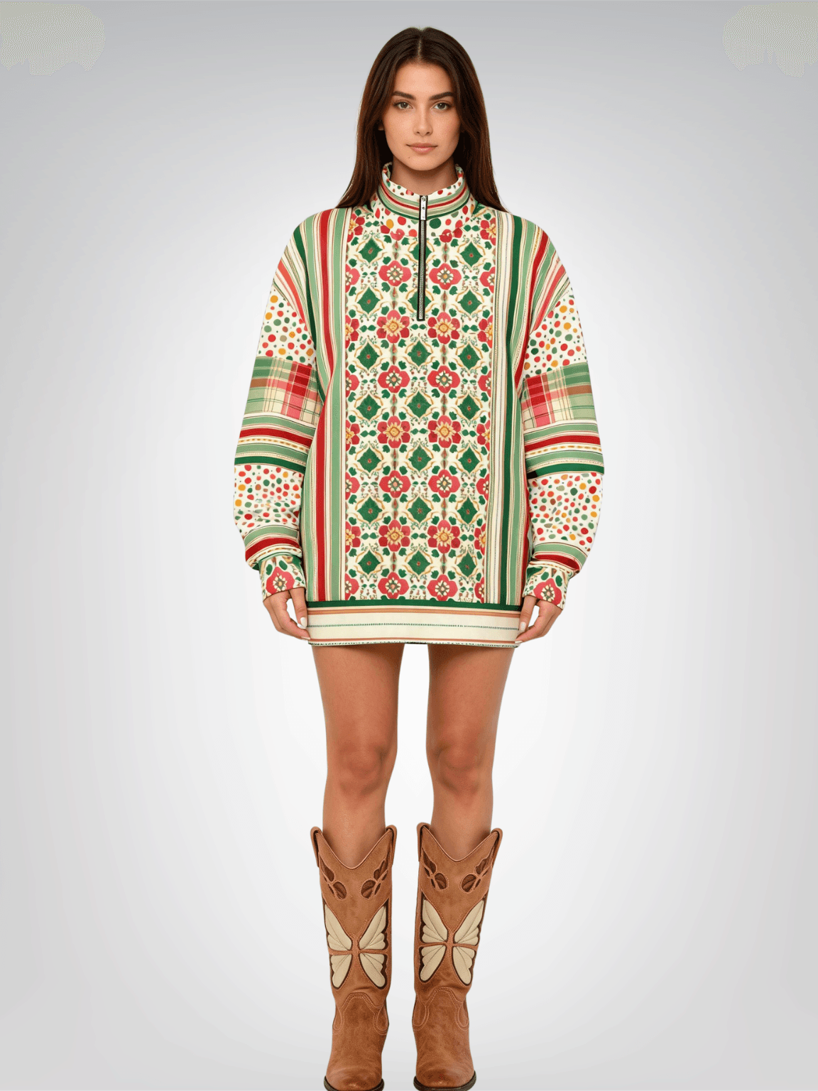 Orange Sari Bloom in Striped Splendor Heavyweight Oversized Quarter Zip Sweatshirt