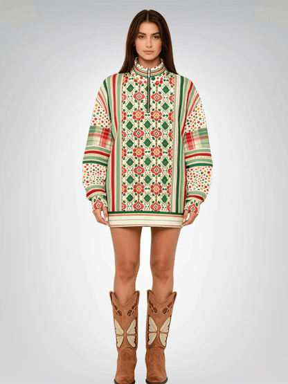 Orange Sari Bloom in Striped Splendor Heavyweight Oversized Quarter Zip Sweatshirt
