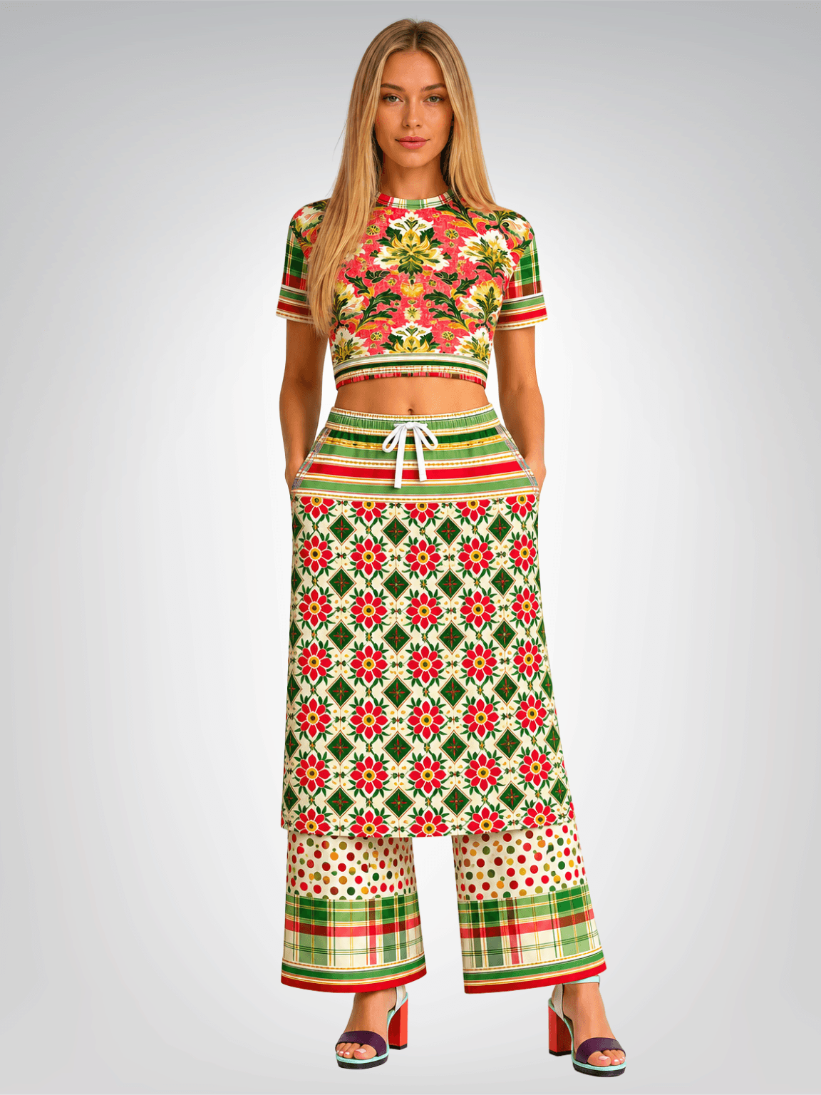Orange Sari Bloom in Striped Splendor Eco-Poly Long Pocket Skirt