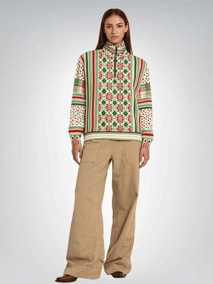 Orange Sari Bloom in Striped Splendor Heavyweight Oversized Quarter Zip Sweatshirt