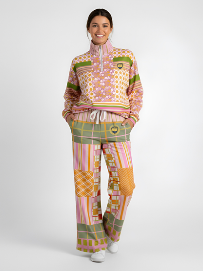 Pink Blush Over Me Patchwork Print Eco-Poly Wide Leg Pants