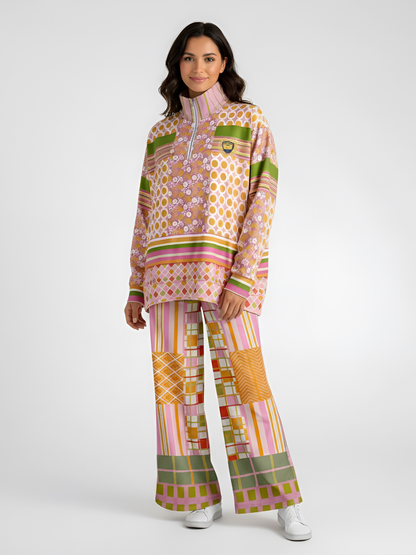 Pink Blush Over Me Patchwork Print Eco-Poly Wide Leg Pants