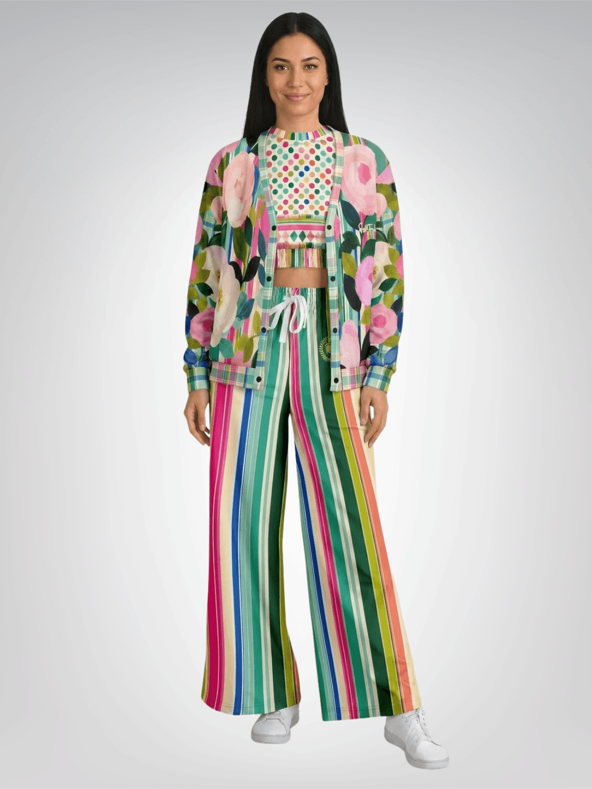 Paris in Full Bloom with Stripes and Floral Heavyweight Unisex Cardigan
