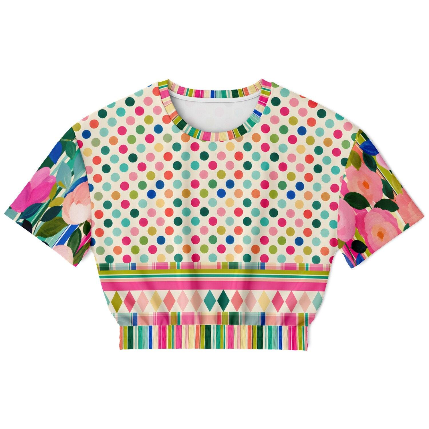 Paris in Full Bloom and Dots Eco-Poly Short Sleeve Cropped Pullover