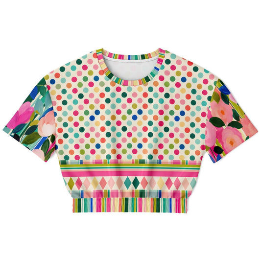 Paris in Full Bloom and Dots Eco-Poly Short Sleeve Cropped Pullover