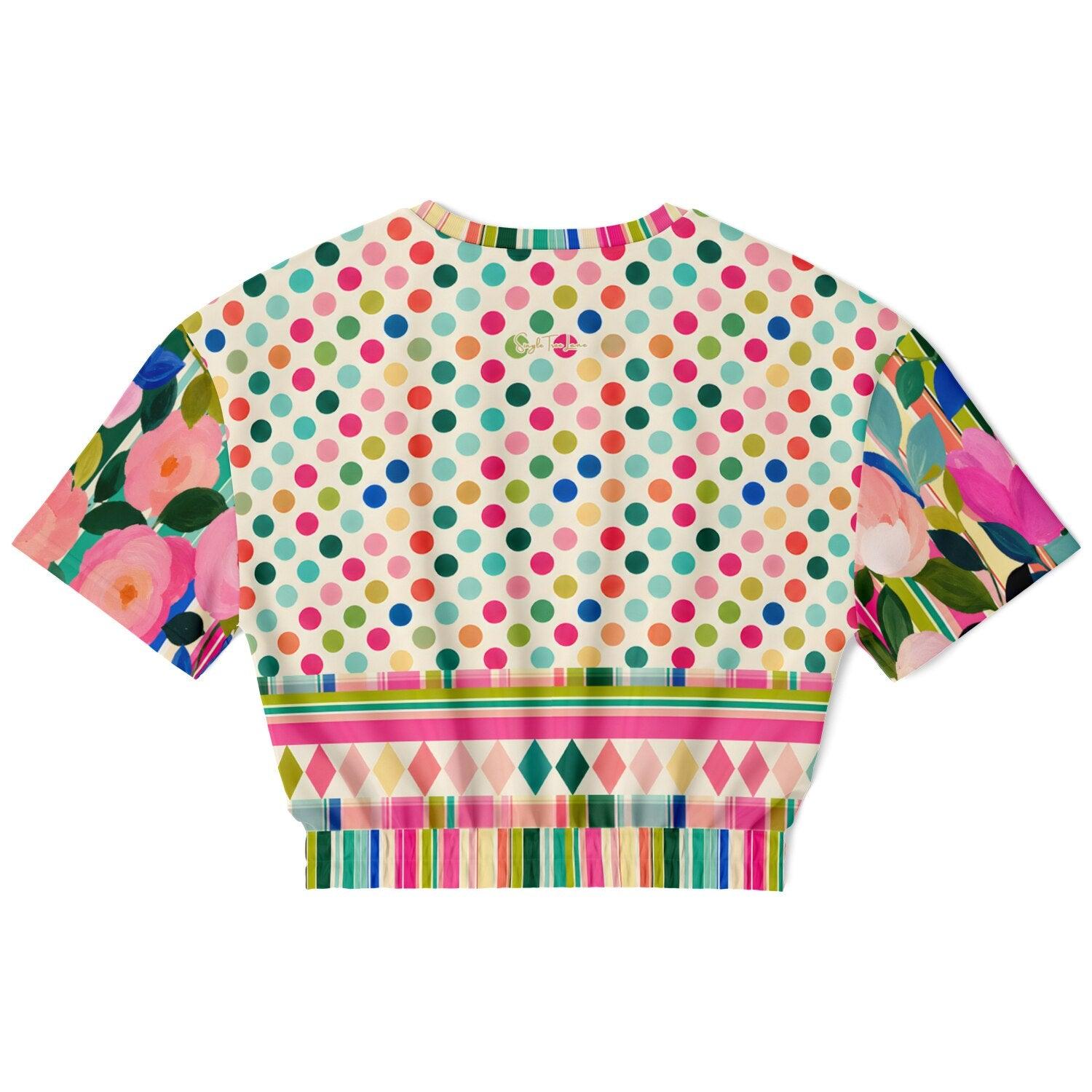 Paris in Full Bloom and Dots Eco-Poly Short Sleeve Cropped Pullover