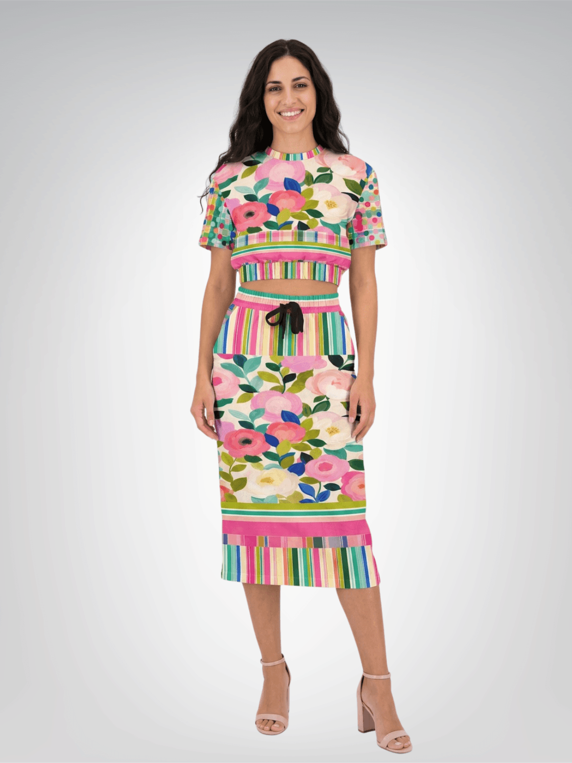 Paris in Full Bloom and Stripe Eco-Poly Long Pocket Skirt