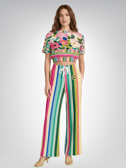 Paris in Full Bloom and Stripe Eco-Poly Wide Leg Pants