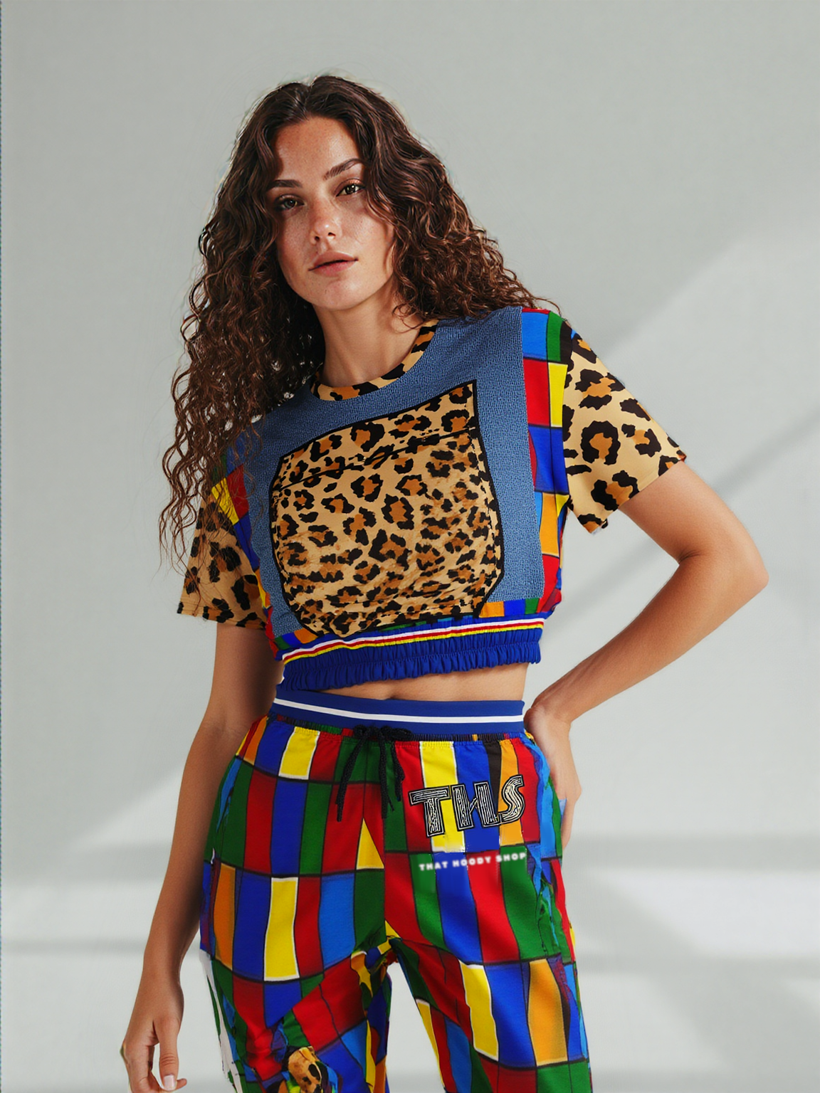 Picasso Primary Geometric Leopard Eco-Poly Short Sleeve Cropped Pullover