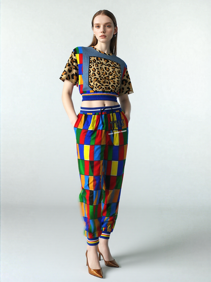 Picasso Primary Geometric Leopard Eco-Poly Short Sleeve Cropped Pullover