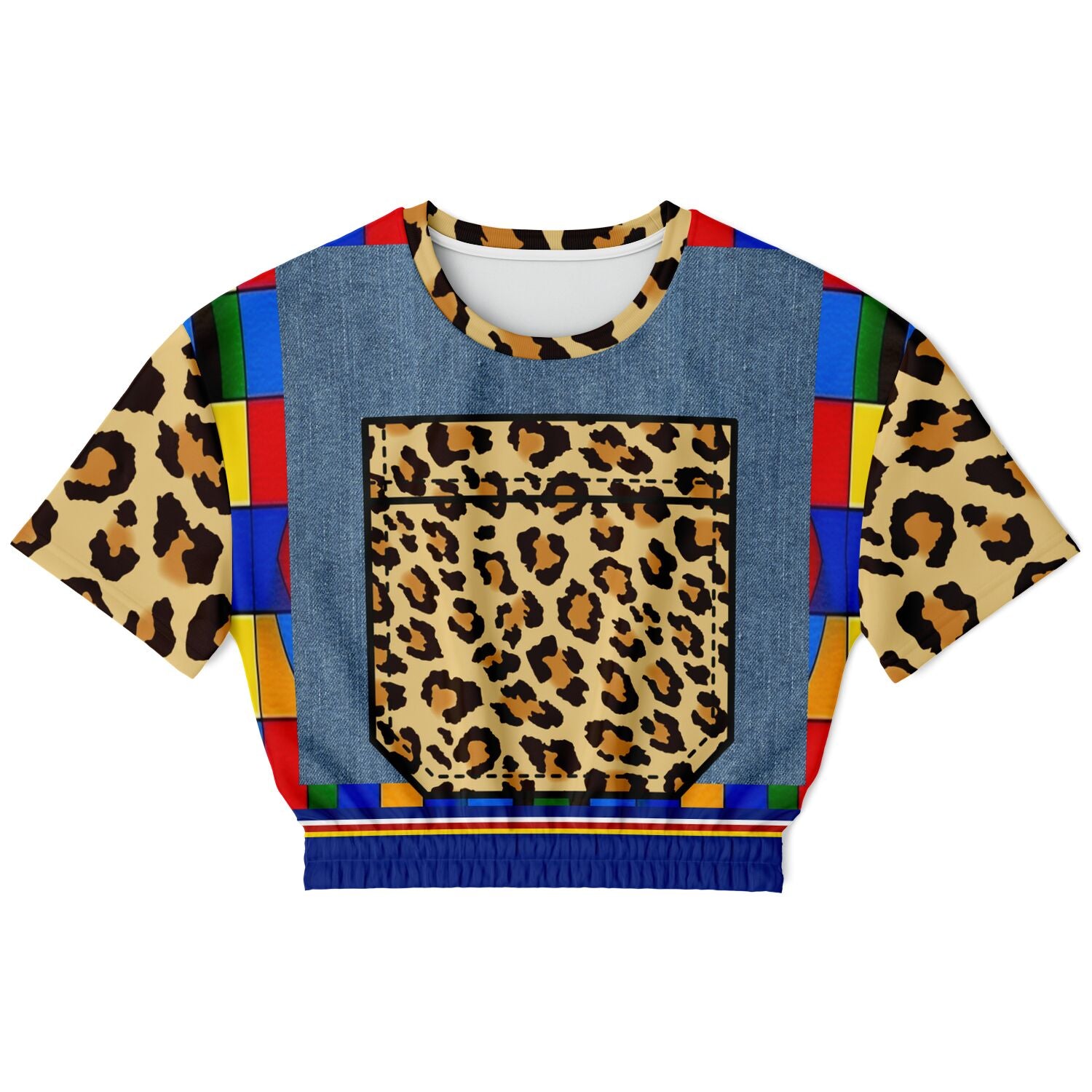 Picasso Primary Geometric Leopard Eco-Poly Short Sleeve Cropped Pullover