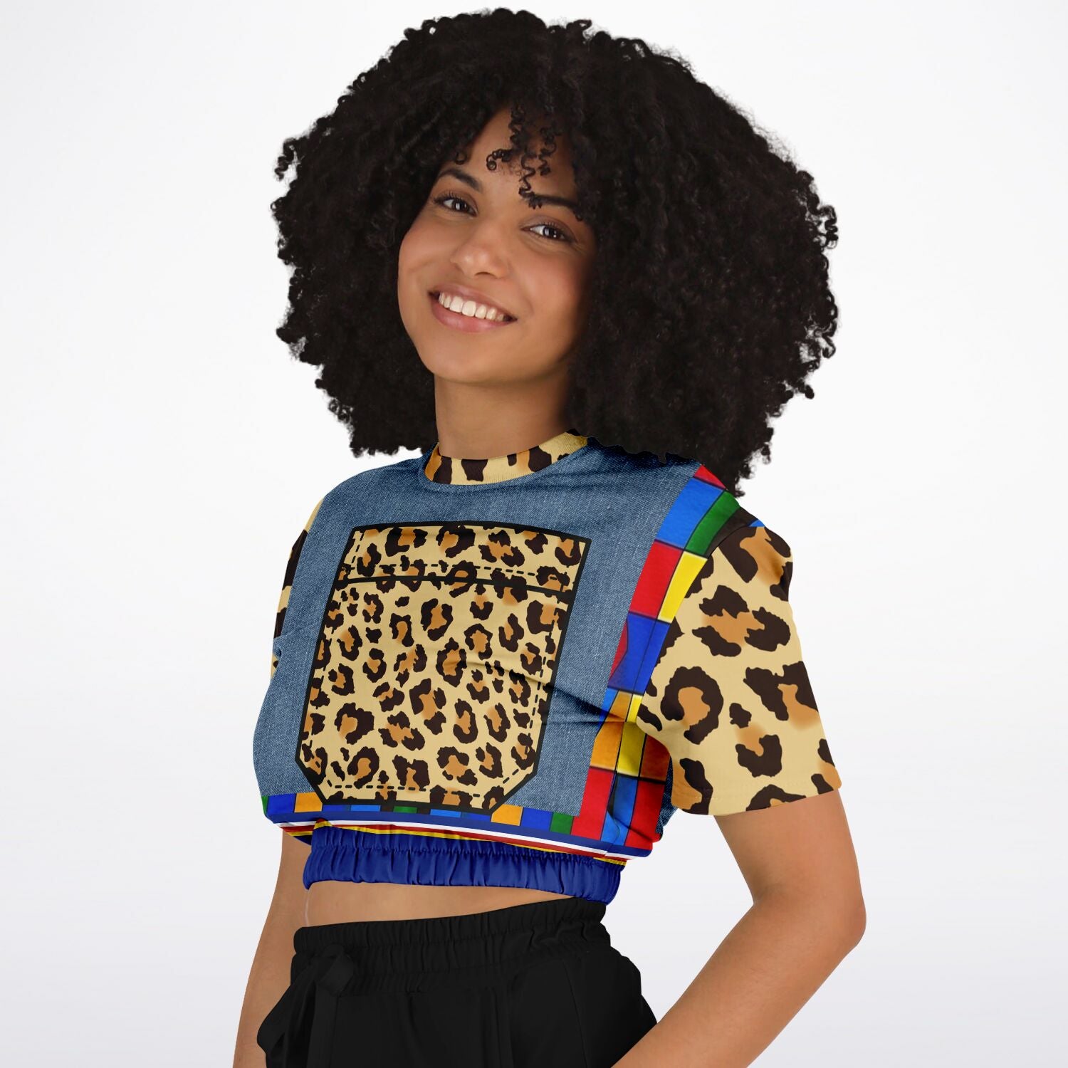 Picasso Primary Geometric Leopard Eco-Poly Short Sleeve Cropped Pullover
