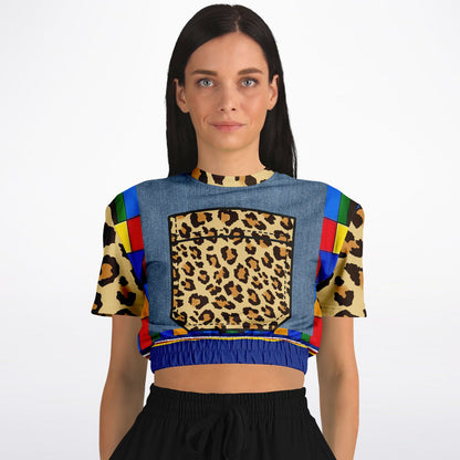Picasso Primary Geometric Leopard Eco-Poly Short Sleeve Cropped Pullover