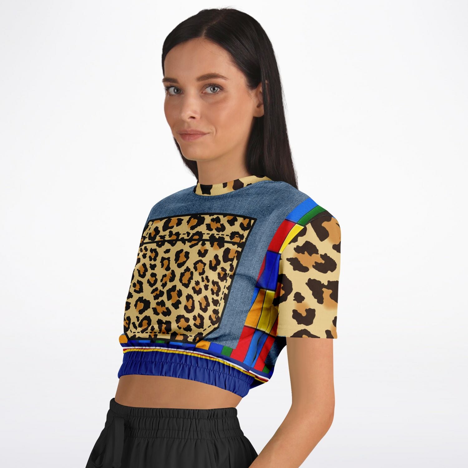 Picasso Primary Geometric Leopard Eco-Poly Short Sleeve Cropped Pullover