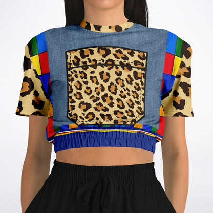 Picasso Primary Geometric Leopard Eco-Poly Short Sleeve Cropped Pullover