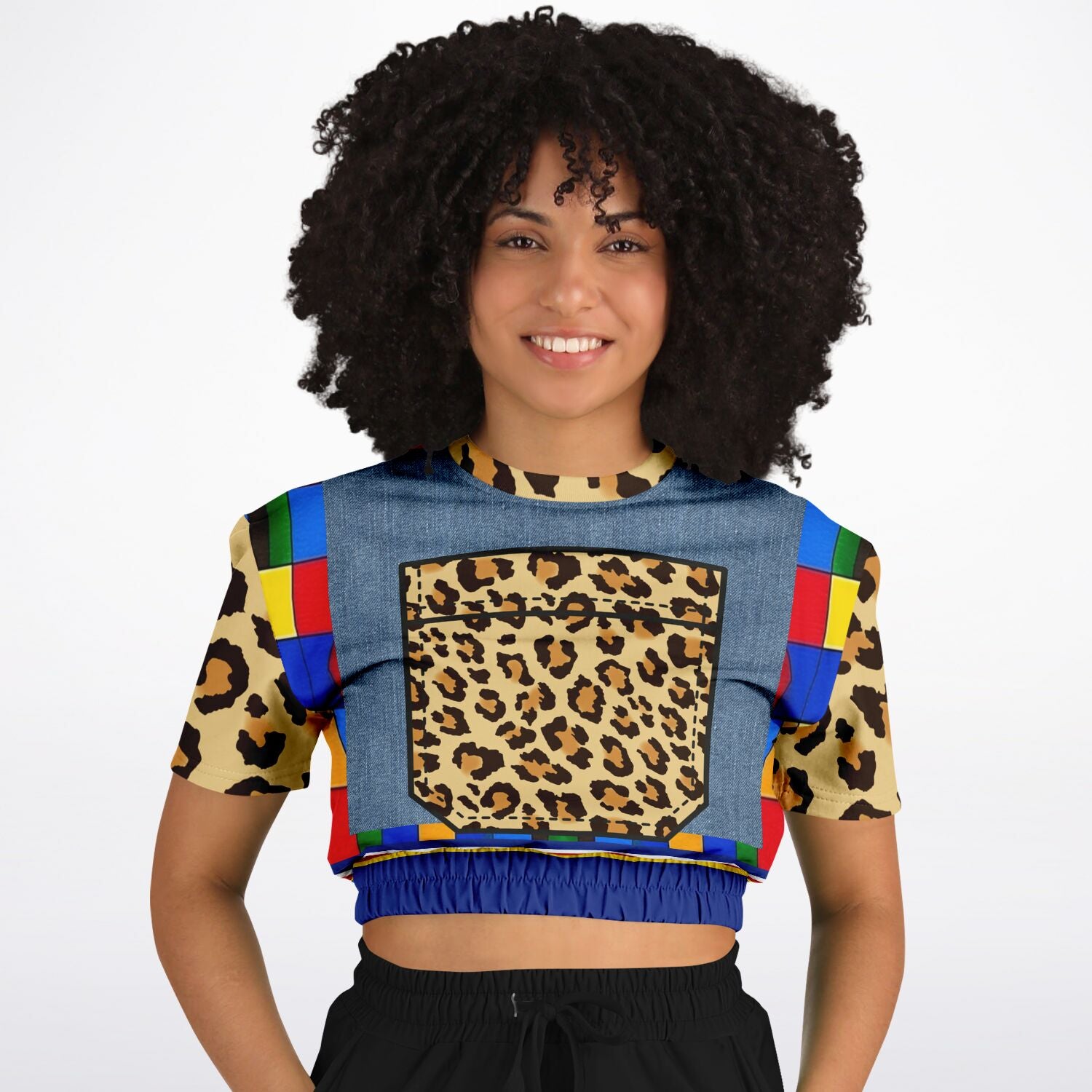 Picasso Primary Geometric Leopard Eco-Poly Short Sleeve Cropped Pullover