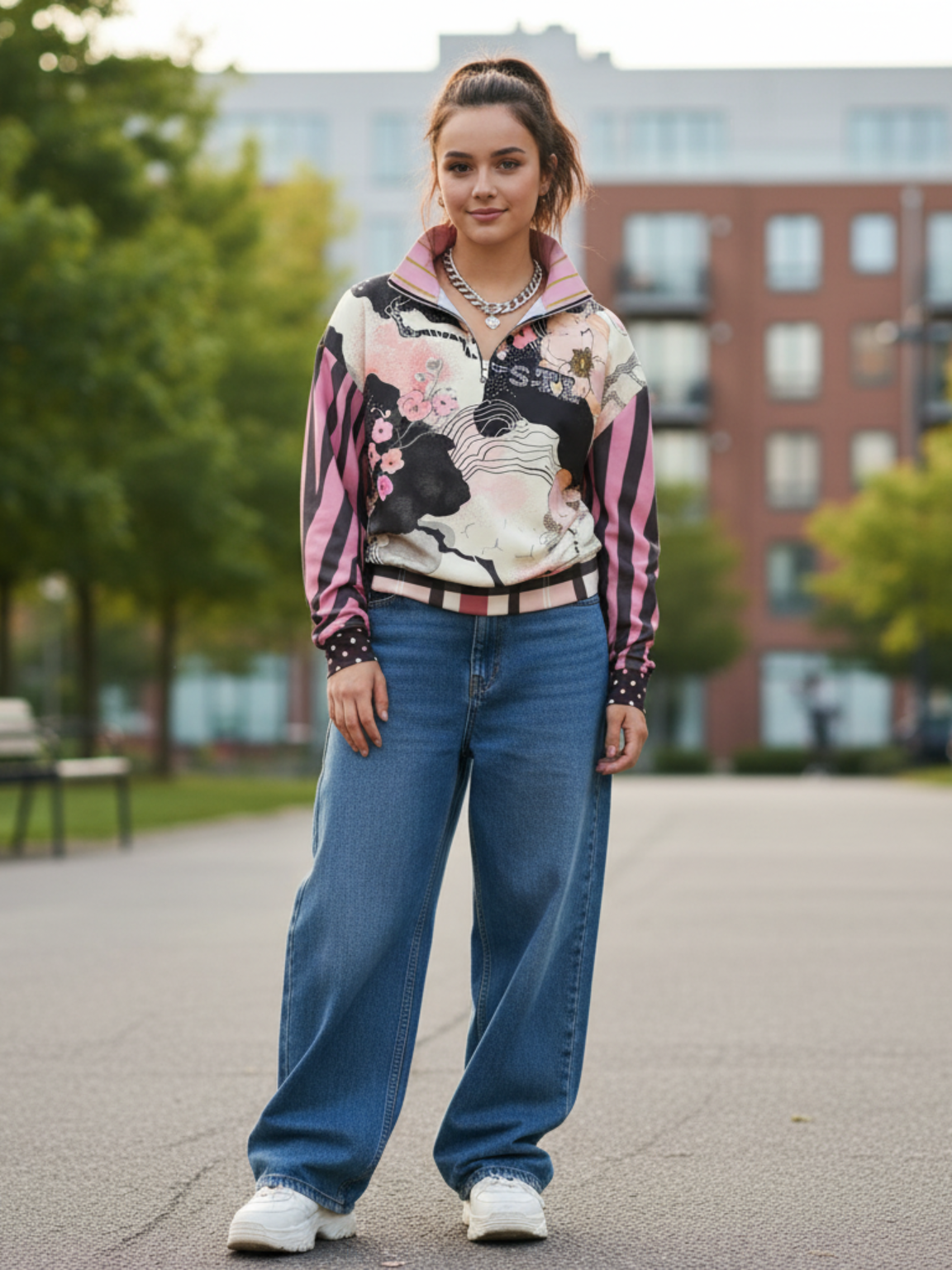 Pink Blossoms in the Garden Heavyweight Oversized Quarter Zip Sweatshirt