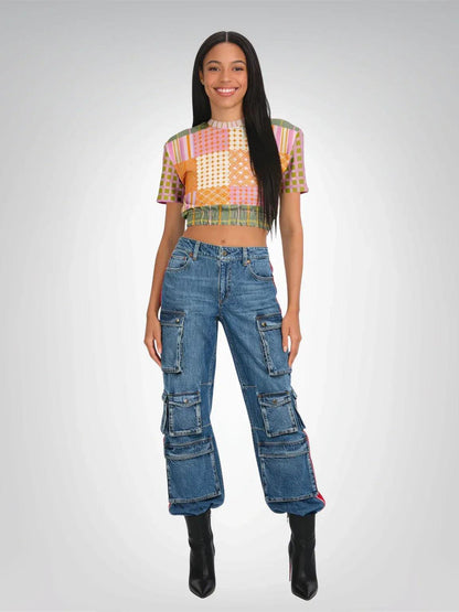 Pink Blush Over Me Patchwork Eco-Poly Short Sleeve Cropped Pullover