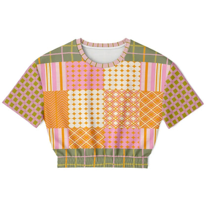 Pink Blush Over Me Patchwork Eco-Poly Short Sleeve Cropped Pullover