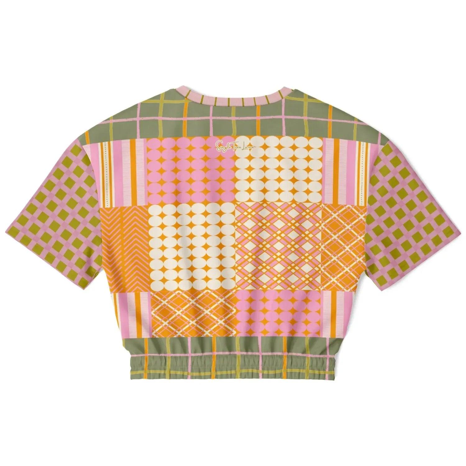 Pink Blush Over Me Patchwork Eco-Poly Short Sleeve Cropped Pullover
