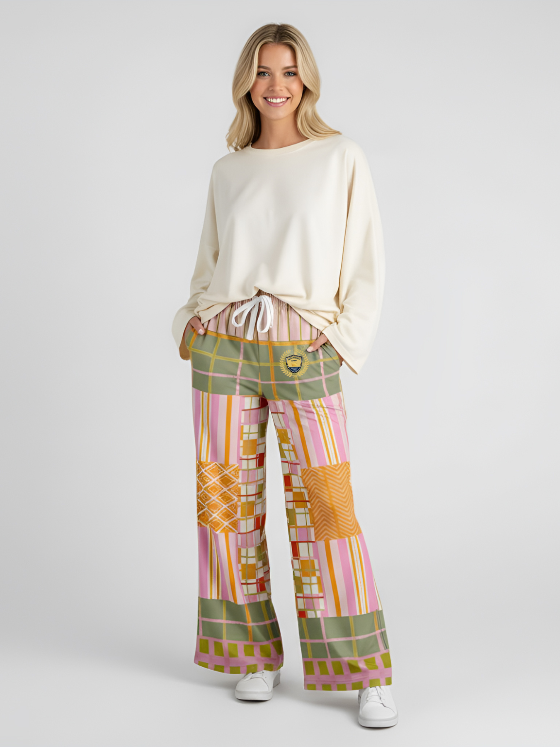 Pink Blush Over Me Patchwork Print Eco-Poly Wide Leg Pants