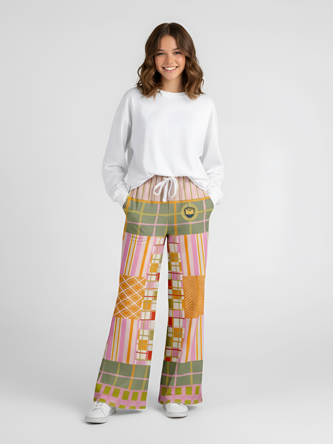 Pink Blush Over Me Patchwork Print Eco-Poly Wide Leg Pants