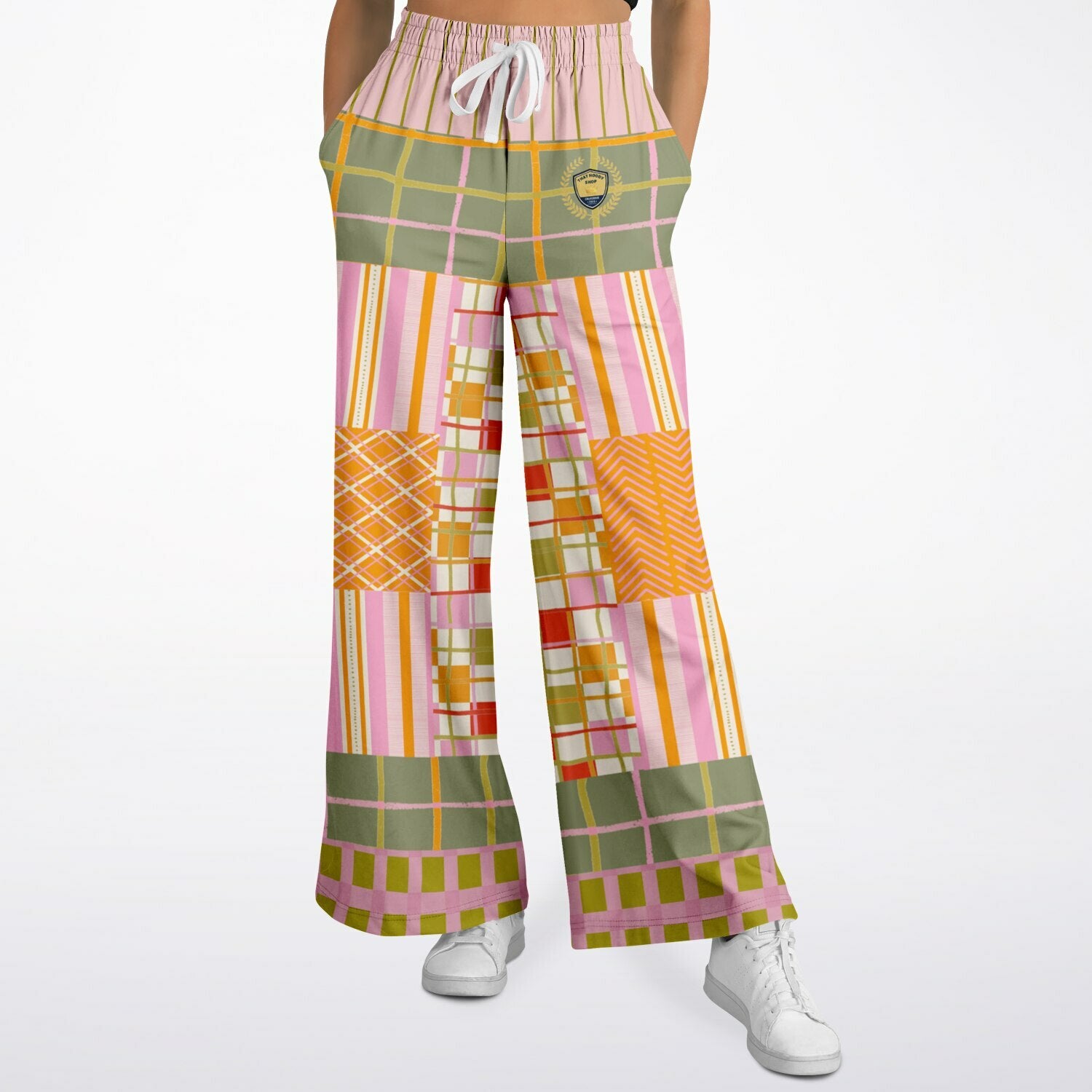 Pink Blush Over Me Patchwork Print Eco-Poly Wide Leg Pants