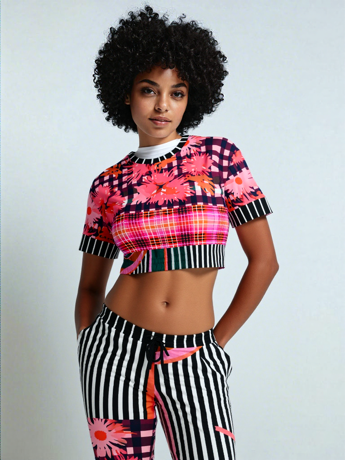 Pink Chrysanthemum Plaid Floral Eco-Poly Short Sleeve Cropped Pullover