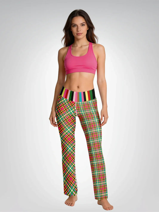 Pink Criss Cross Plaid Flare Leggings