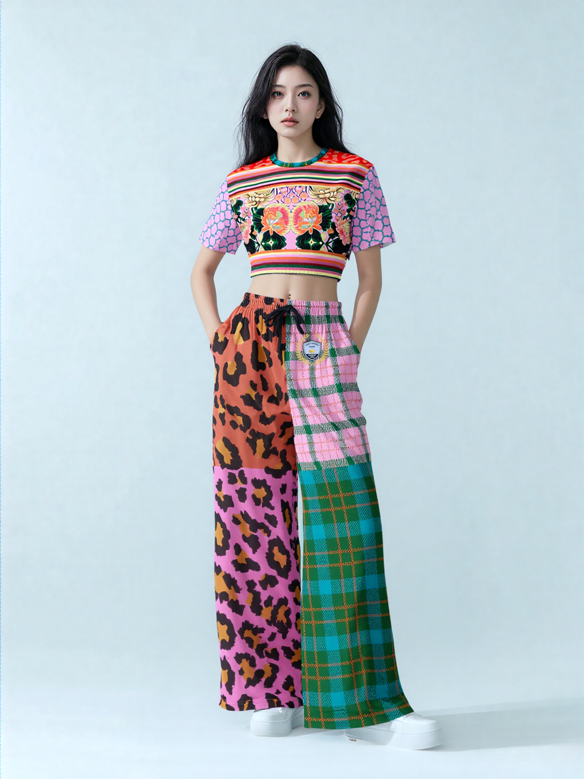 Pink Passion Haberdashery Plaid Patchwork Eco-Poly Wide Leg Pants